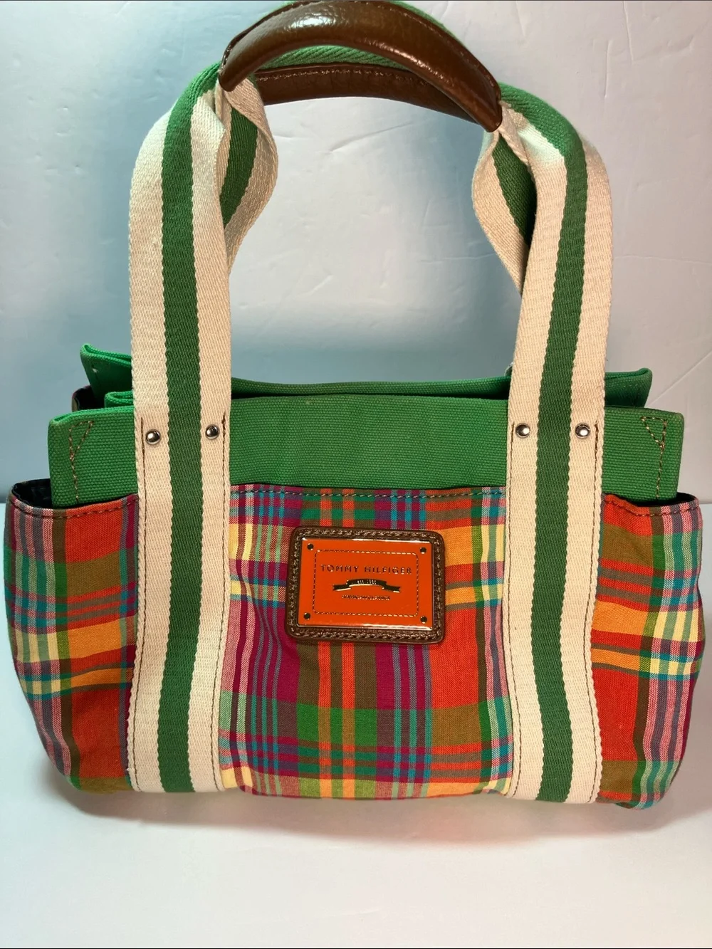 Tommy Hilfiger Madras Striped-Handle Plaid Small Canvas Tote